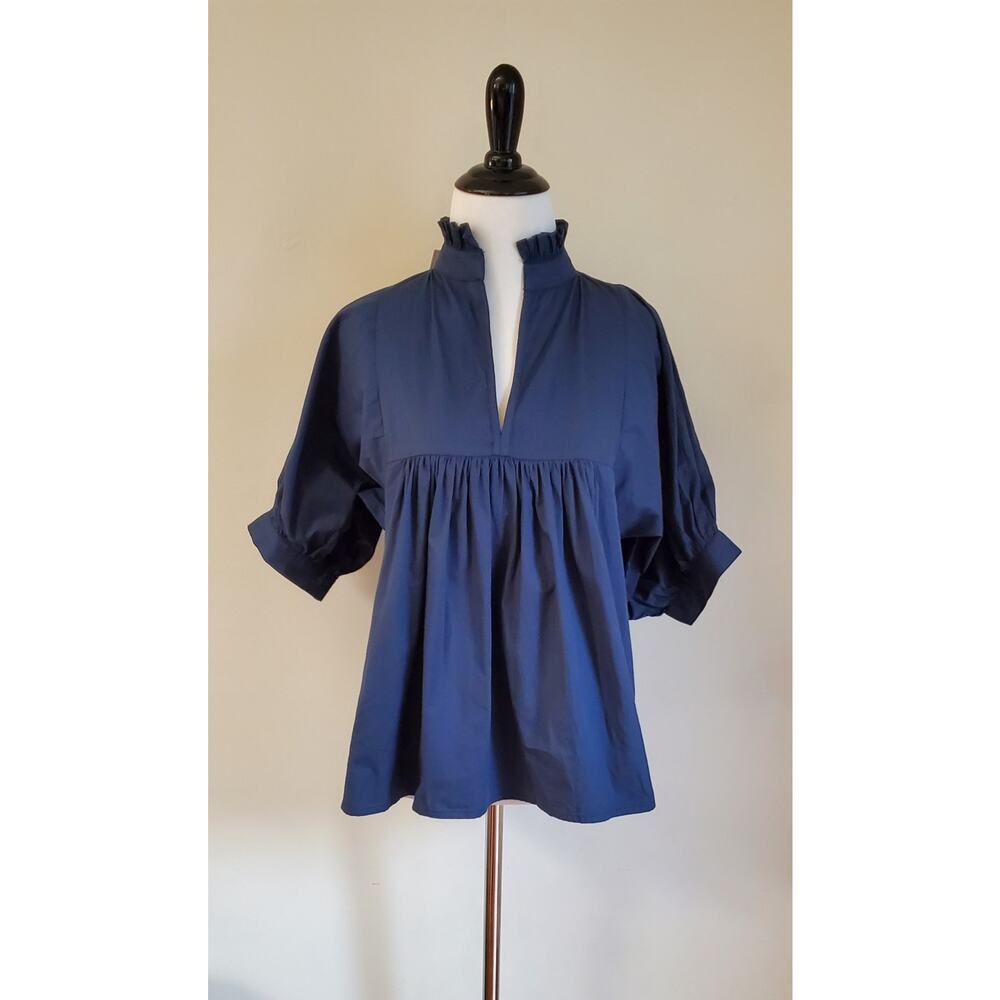 NWT Never‎ A Wallflower Women's Navy Cotton Poplin Puff Sleeve Blouse Size XS